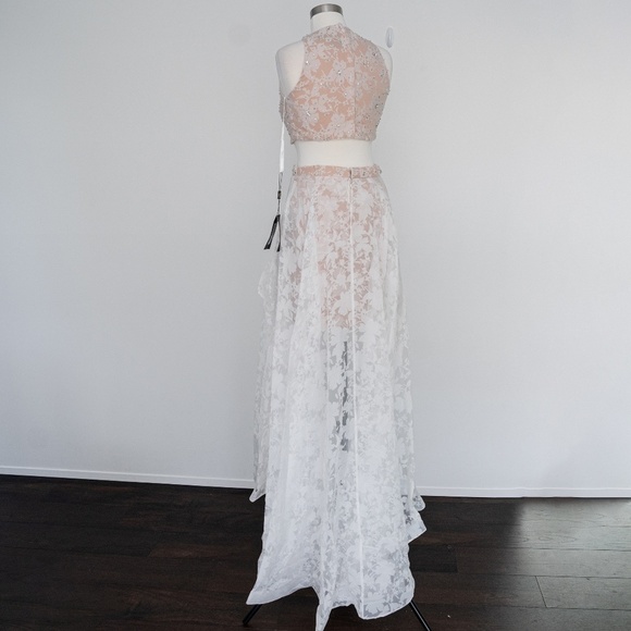 TERANI. Two Piece Halter Lacy Patterend Prom High Low Ball Gown - Picture 5 of 16